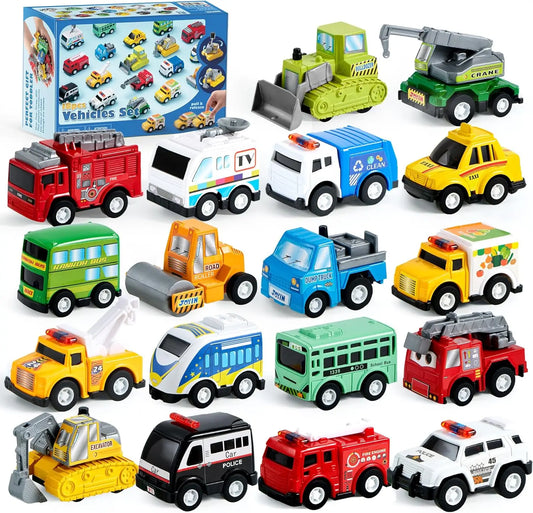 18 Pcs Pull Back City Cars and Trucks Toy Vehicles Set - Friction Powered Cars