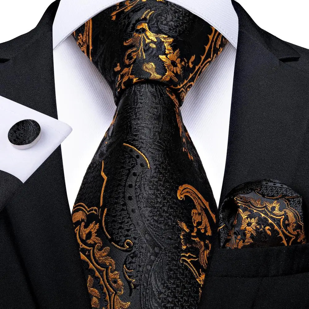Luxury Mens Tie Black Golden Jacquard Necktie Pocket Square Cufflinks