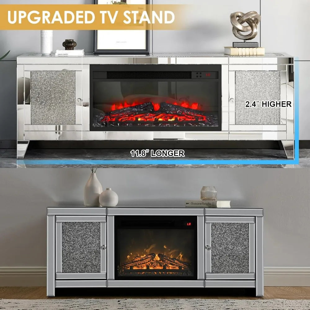 Fireplace TV Stand, Mirrored Silver  for 65 Inch TVs, Tall  Entertainment Center with Storage,