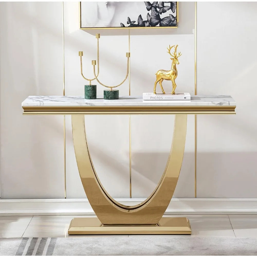 White Marble Console Table with Stainless Steel U-Base