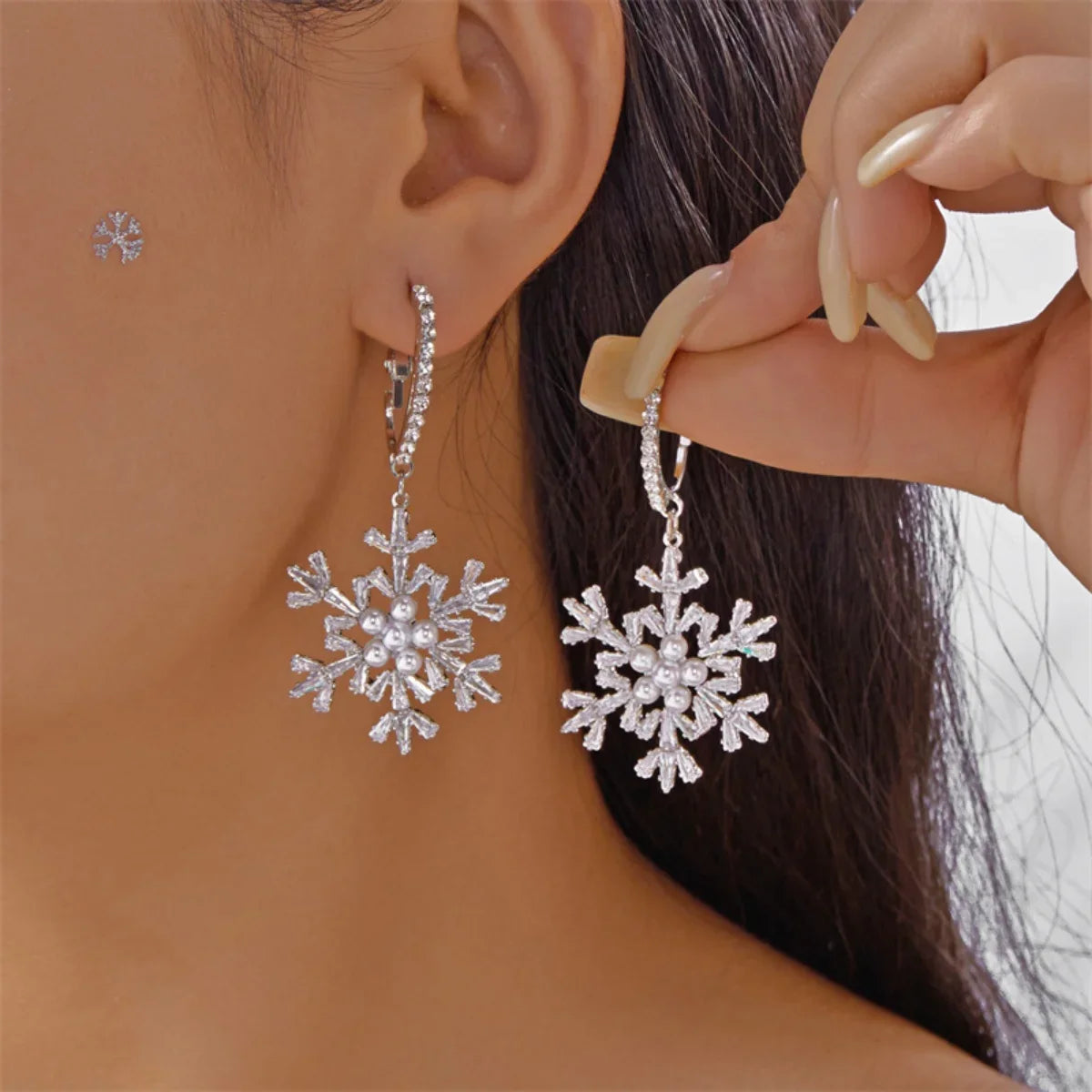 Snow Flower Drop Earrings - Sparkling Zircon Imitation Pearl Snowflake -  Dangle Earring
