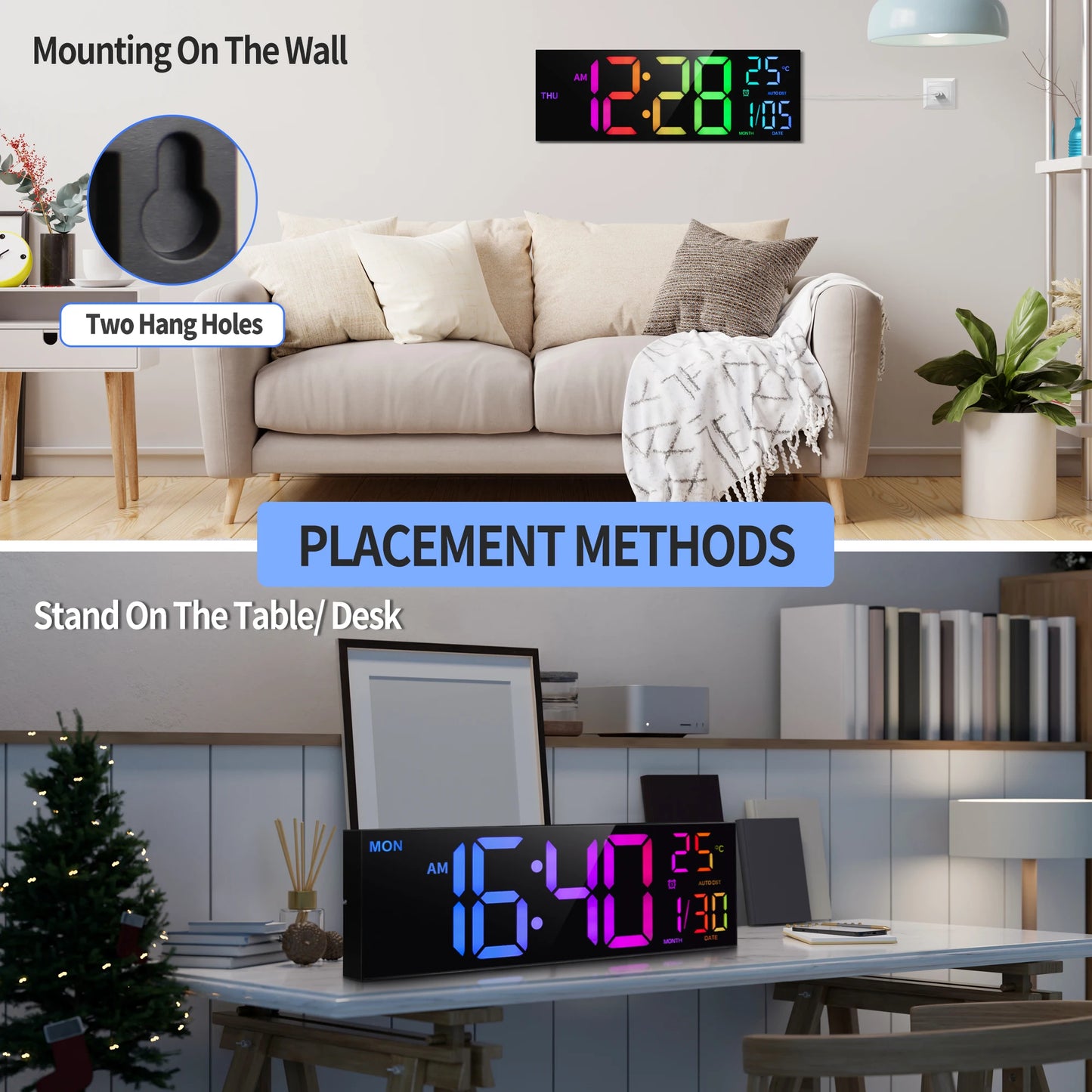 16" Large Digital Wall Clock,-  Big LED Display with Remote, - 8  RGB Color, - Alarm, DST, -Temperature for Living Room, Kitchen