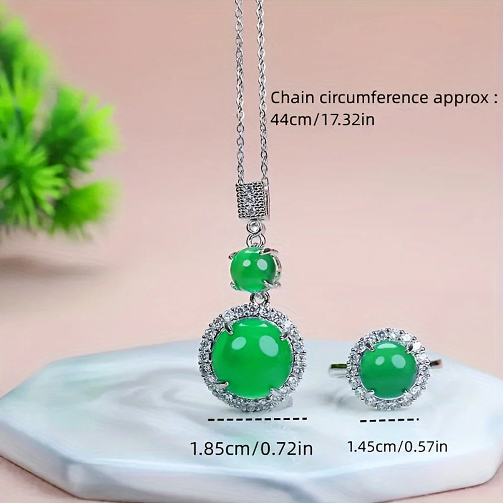 925 Silver Natural Ice Chalcedony Fashion Jewelry Set - Classic Luxury Round Green Earrings for Women - Diamond Ring - Necklace