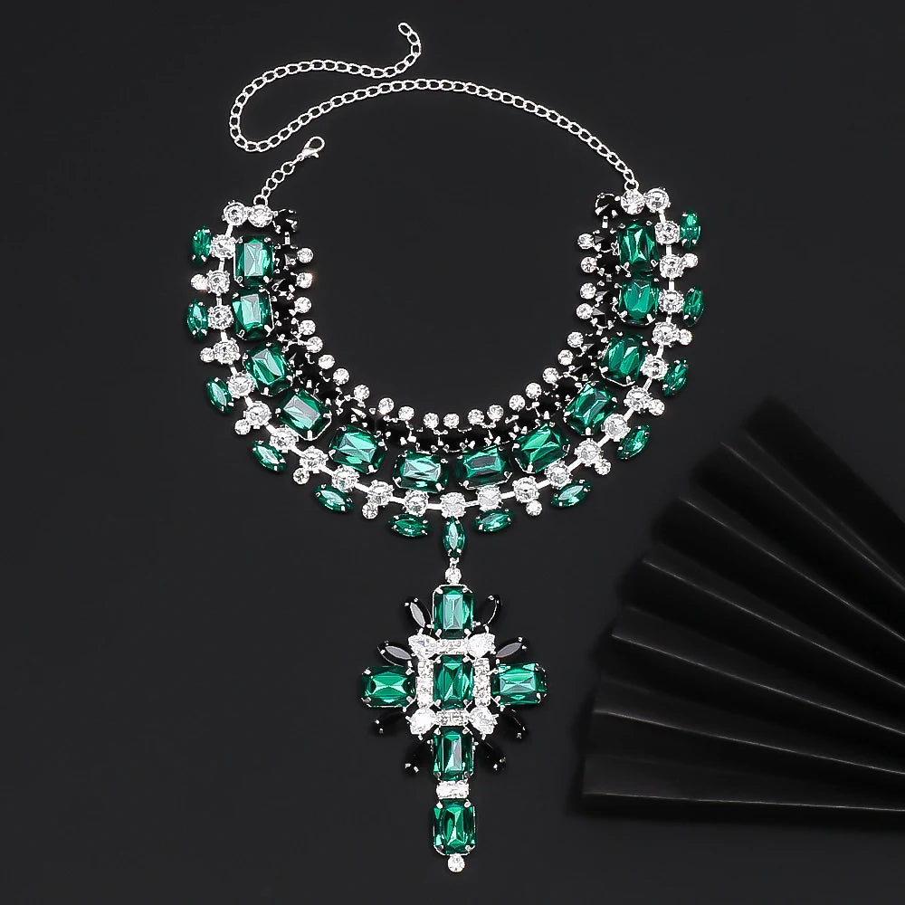 Green Cross Pendant Choker -  Bridal Collar Charms Party  - -Necklace Rhinestone Jewelry Pendant