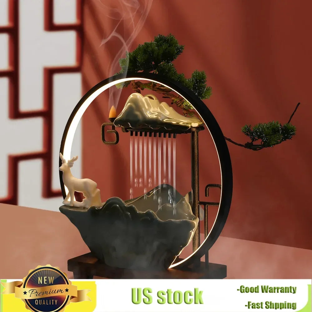 Indoor Water Fountain With Mist Touch Switch LED Light - Incense Burner Waterfall