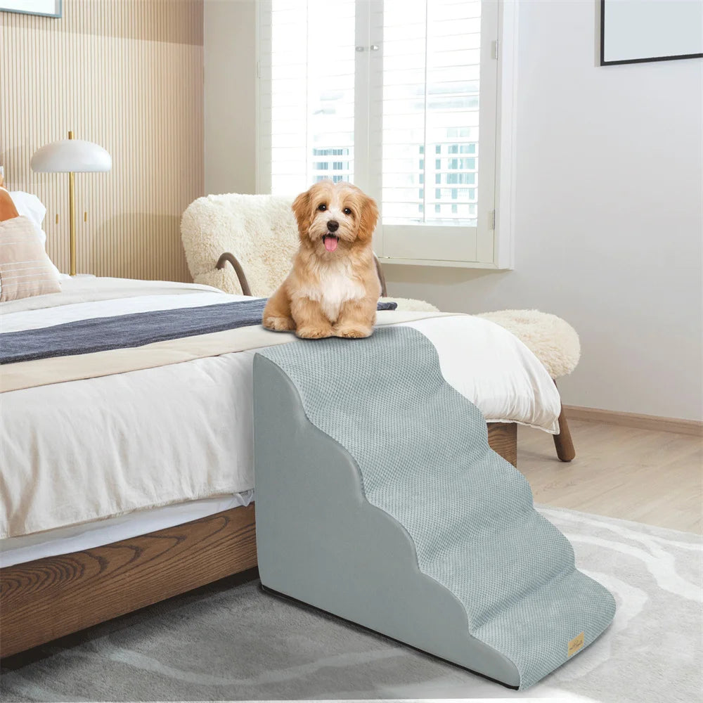 Dog Ramp Step Stairs - 5 Steps - Pet Stairs for High Beds and Sofa - Density Sponge Foam -  Removable Washable Cover