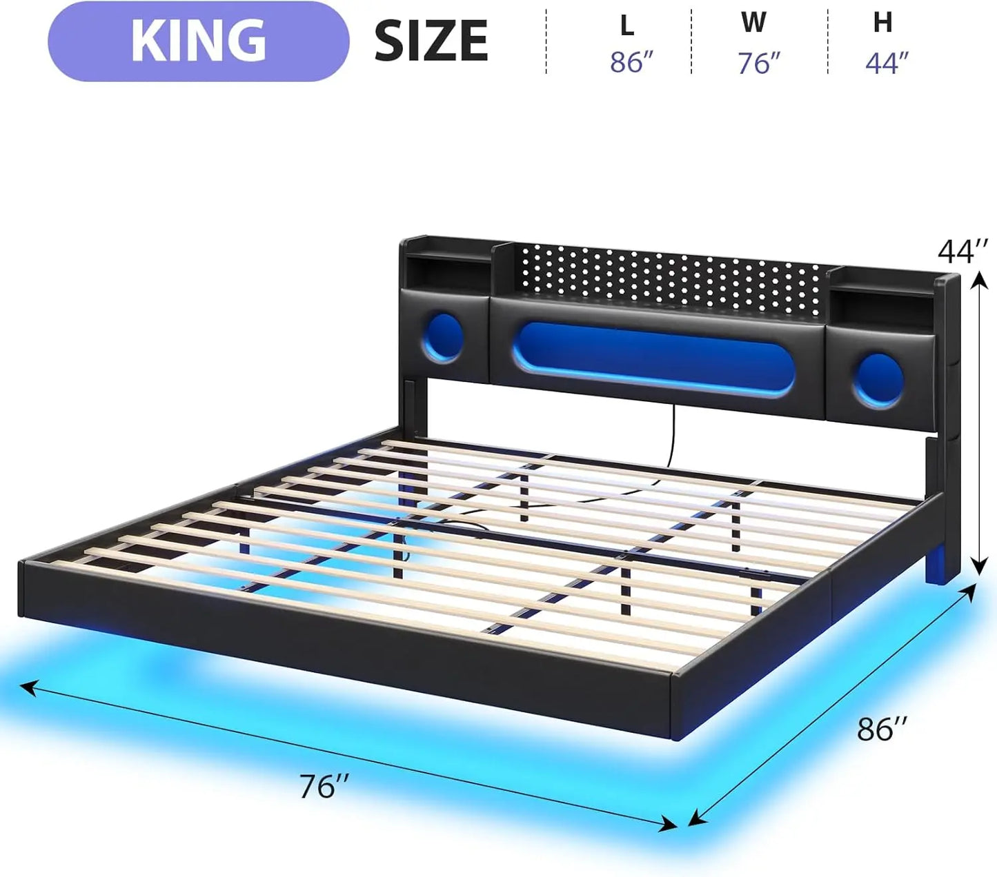 Floating Bed Frame King with Storage & Headboard, - Platform Bed with LED Lights, - Floating King Size Bed Frame with Headboard