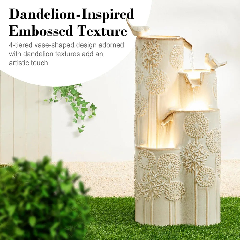 31.75" H Outdoor Water Fountain with LED Lights and Pump,- 4 Tier Dandelion Texture Vase Shaped Ceramic Floor Standing Fountain