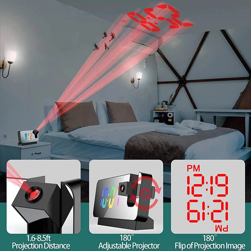 Projection Alarm Clock-  Desk Clock with Large Color LED Display - Rotatable Ceiling/Wall Projector for Bedroom, Office, Bathroom