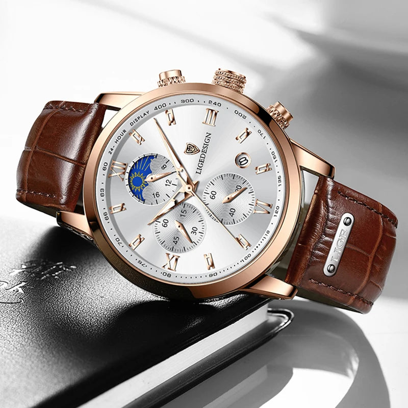 Business Watch Men - Fashion Leather  Waterproof - Men's Quartz Wristwatches - 24 Hour Moon Phase Watch