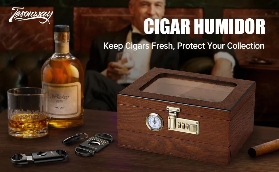 Cedar Wood Cigar Humidor,Glass Top Desktop Box with Front Hygrometer,Humidifier,Divider,Accessories Drawer and Combination Lock