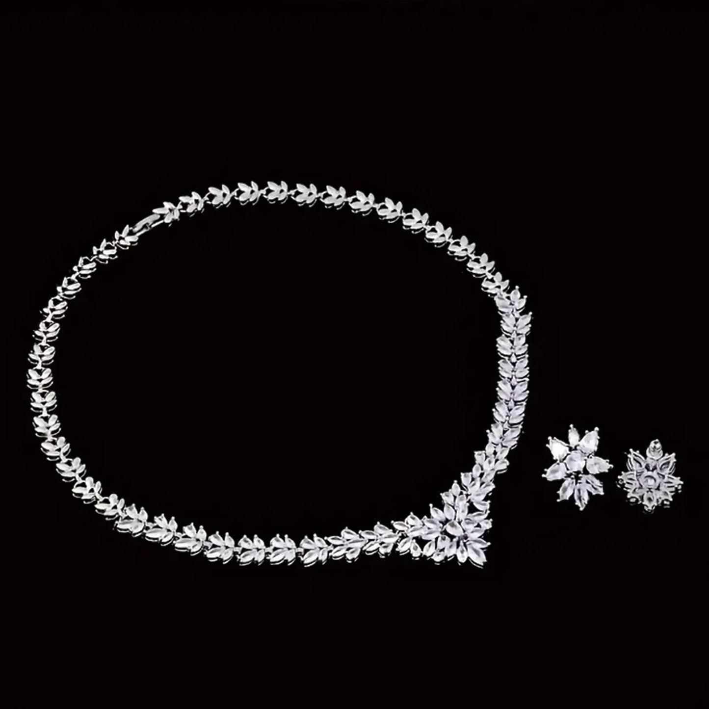 925 Silver, Zirconia Flower Two Piece Set, Necklace and Earrings