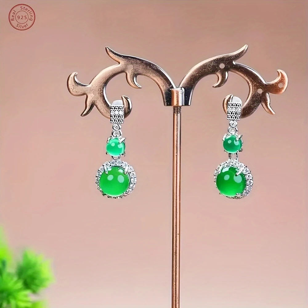 925 Silver Natural Ice Chalcedony Fashion Jewelry Set - Classic Luxury Round Green Earrings for Women - Diamond Ring - Necklace