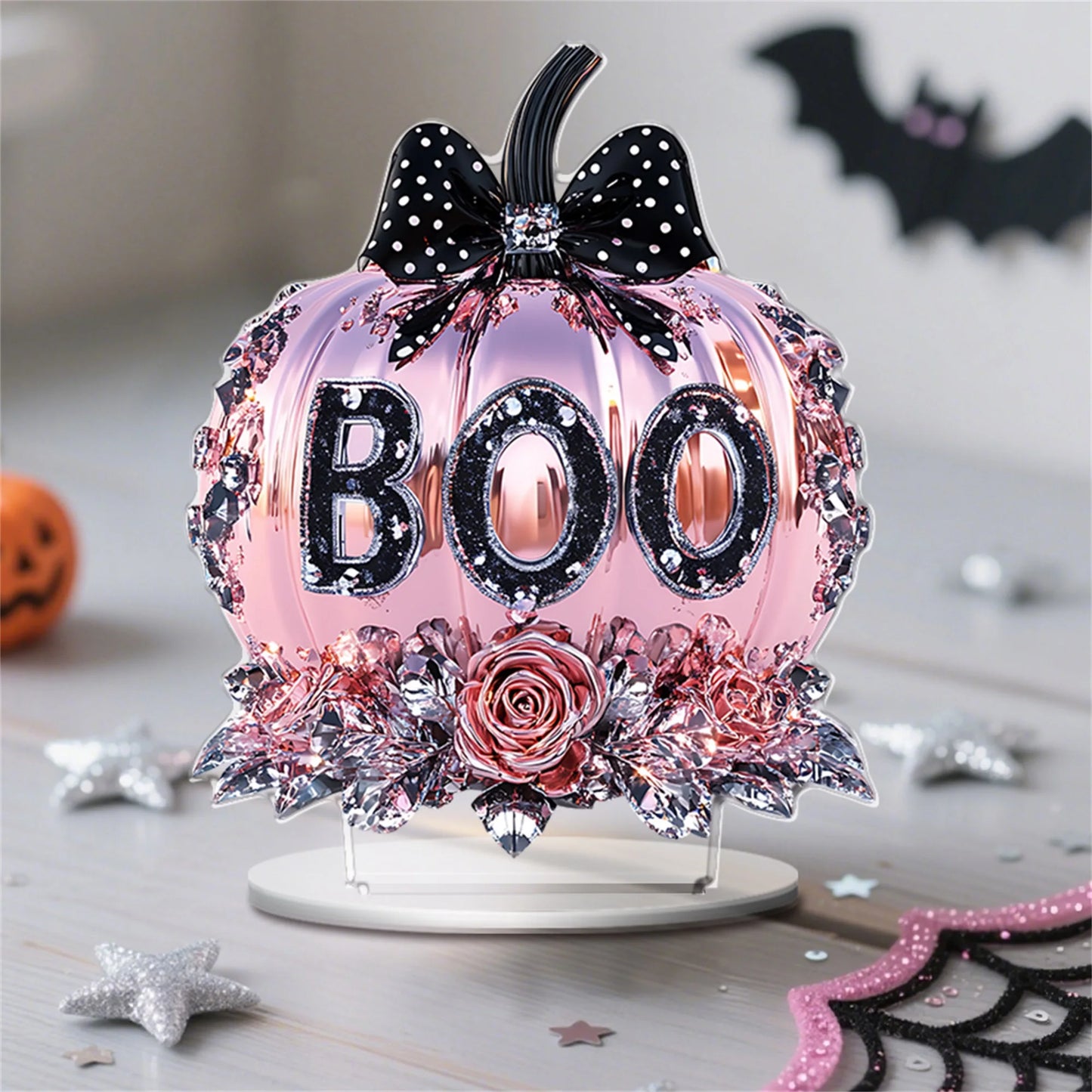 Halloween Party Decorations - Spooky Acrylic Crystal Pumpkin 2D - Flat Statue Ornament - Table Centerpiece for Home Décor
