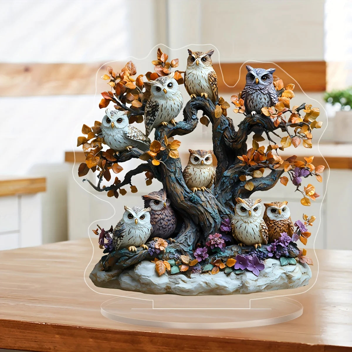 2D Acrylic Owl Tree Statue - Floral Desktop Decor with Stand