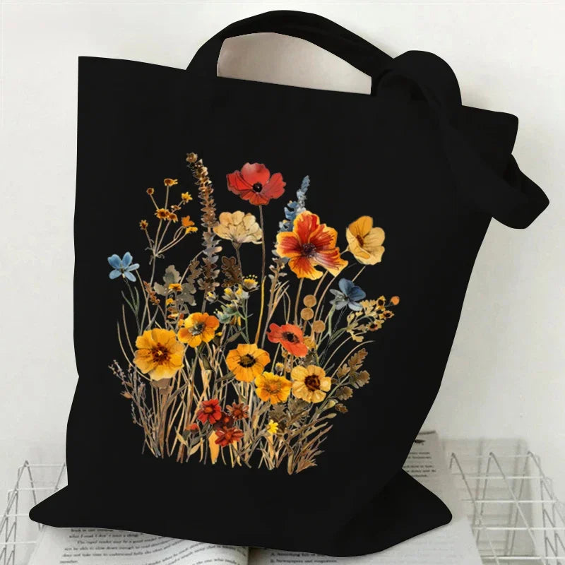 Wildflowers Pattern Retro Graphics Canvas Tote Bag
