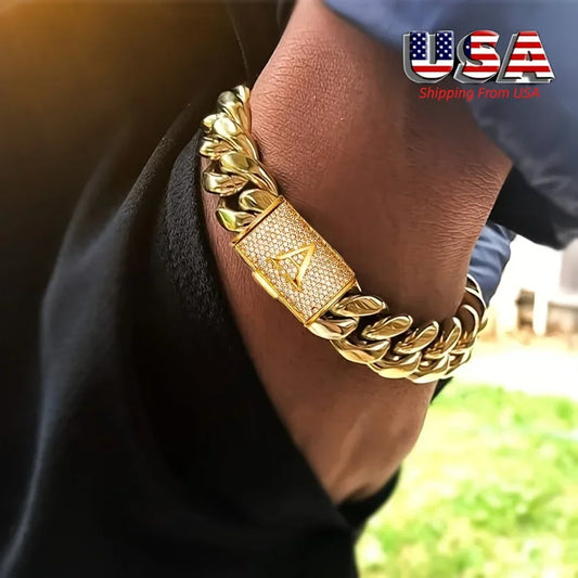 14mm Cuban Link Chain Bracelets - 18K Gold Plated Stainless Steel - Exaggerated Big Bangle Bracelet. - Men'Letter Bracelet