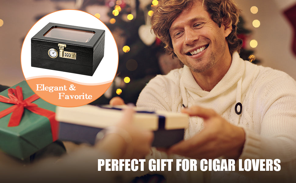 Cedar Wood Cigar Humidor,Glass Top Desktop Box with Front Hygrometer,Humidifier,Divider,Accessories Drawer and Combination Lock